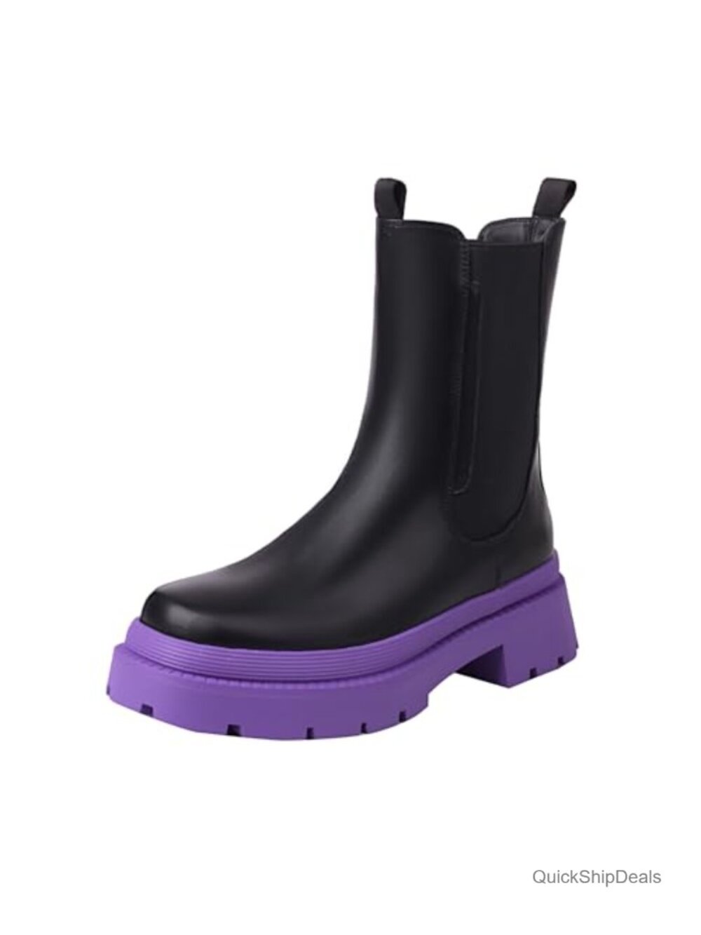 Womens Chelsea Ankle Boots Mid-Calf Platform Chunky Low Heel Faux Leather